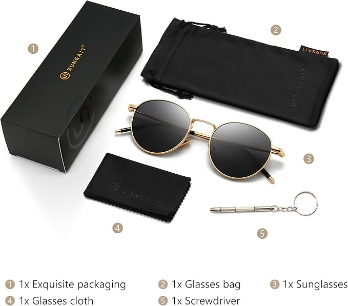 SUNGAIT Ponderable Metal Round Sunglasses for Men Women Classic Vintage Polarized Circle Sun Glasses