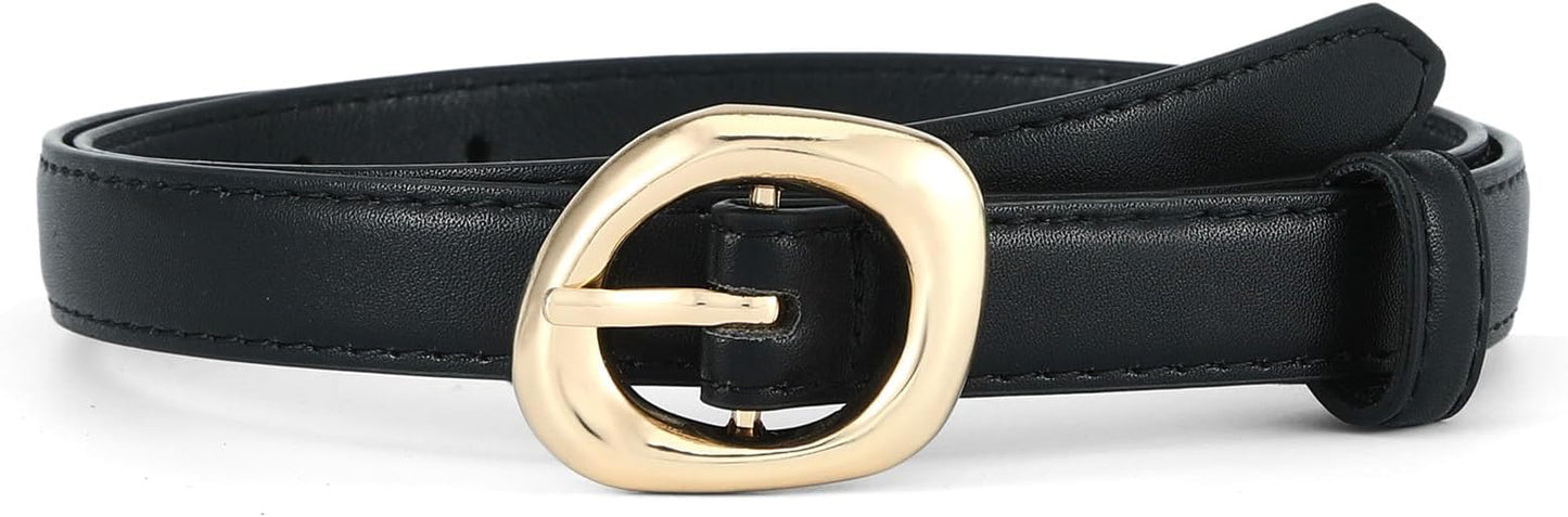 Thin Belt for Women Jeans Faux Leather Ladies Skinny Waist Belts for Dresses Pants with Trendy Gold/Silver Buckle