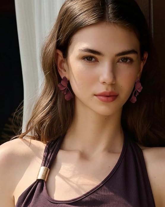 Flower Earrings For Women Large Brown and Wine Red Painted Floral Dangle Statement Earring Chunky Burgundy Fall Earrigs Gift