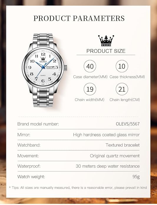 OLEVS Mens Watch Stainless Steel Analog Quartz Watches for Men Day Date Easy Read Diamond Waterproof Dress Luxury Classic Casual Big Face Blue/Black/Gold/Silver Roman Arabic Numerals Men's Wrist Watch