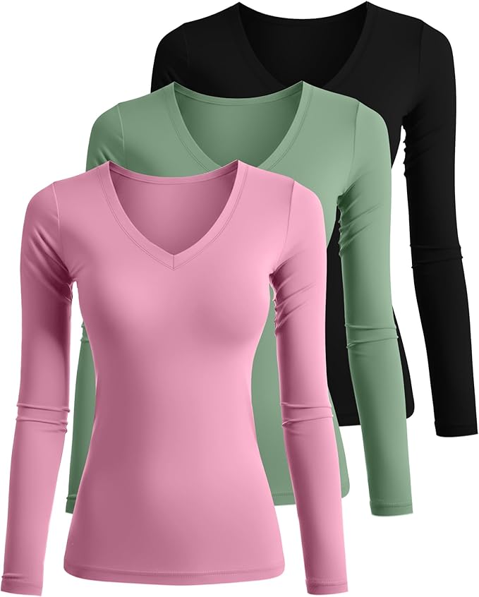Ficerd 3 Pack Women's Long Sleeve Shirts, V Neck Basic Tees Slim Fitted Casual Fall Tops Going Out Blouses T Shirts