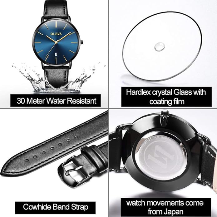 OLEVS Mens Watches Minimalist Ultra Thin Fashion Casual Analog Quartz Date Watch Waterproof Slim Simple Big Face Dress Wrist Watch Leather Band for Men