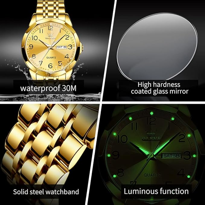 OLEVS Watch for Men Women Large Face Unisex Diamond Luxury Dress Analog Quartz Stainless Steel Waterproof Luminous Date Business Casual Wrist Watch