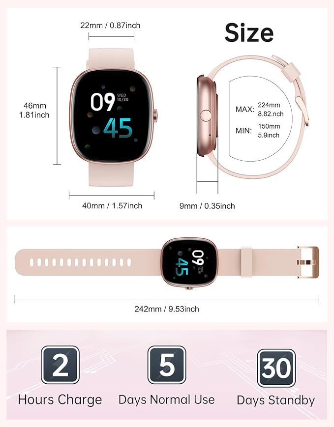HUAKUA Smart Watches for Women Men (Answer/Make Calls), 1,85" HD Smart Watch for iPhone/Android Phones, Fitness Tracker with 100+ Sport Heart Rate/Sleep Monitor Pedometer Waterproof (Pink)