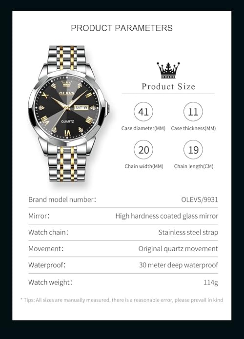 OLEVS Mens Watch Stainless Steel Analog Quartz Watches for Men Day Date Easy Read Diamond Waterproof Dress Luxury Classic Casual Big Face Blue/Black/Gold/Silver Roman Arabic Numerals Men's Wrist Watch