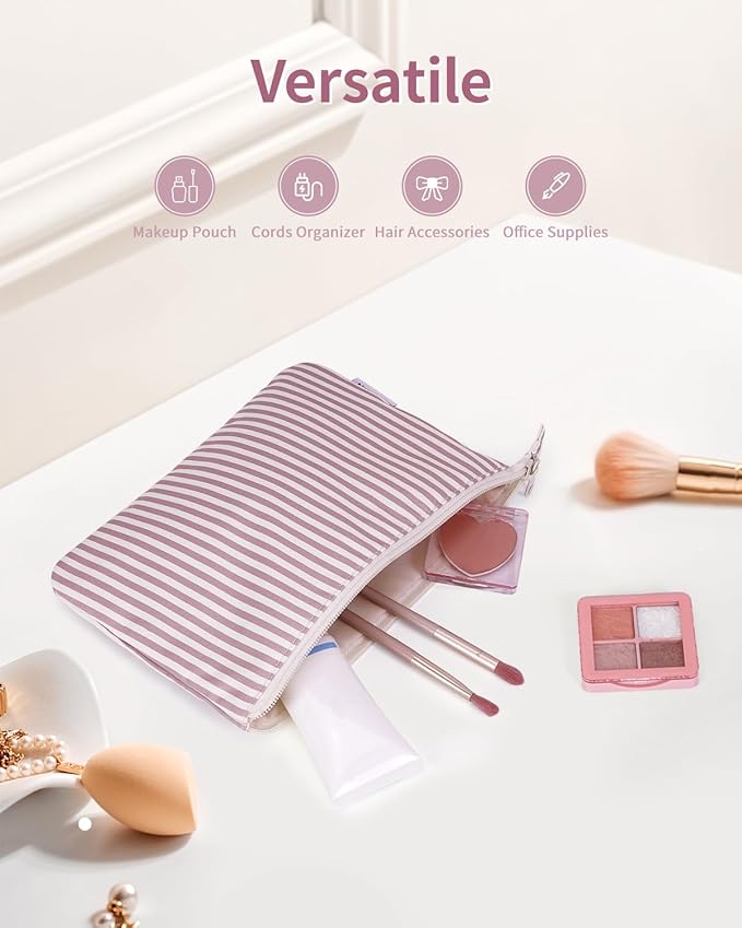 Narwey Small Striped Makeup Bag for Purse Travel Makeup Pouch Cosmetic Bag Zipper Pouch Bags for Women (Dusty Pink Stripe)