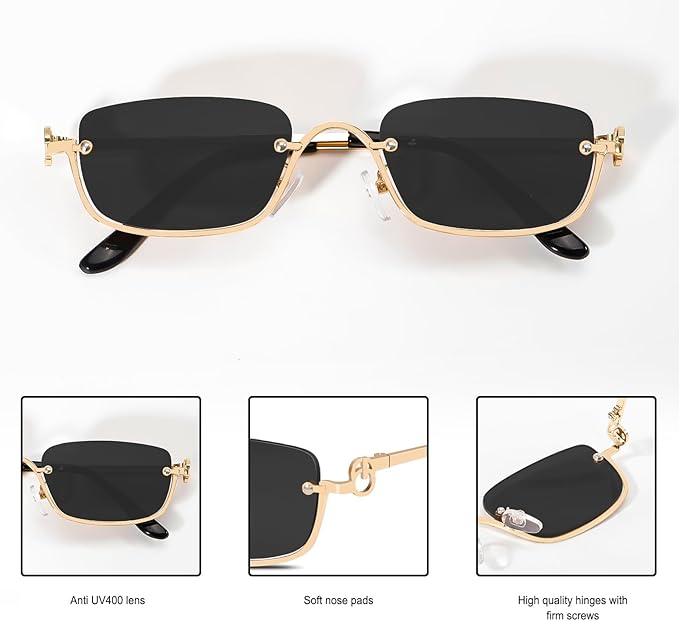 Retro Y2k Sunglasses for Women Men,Trendy Semi-Rimless Sun Glasses Irregular Narrow Gold Sunnies UV400