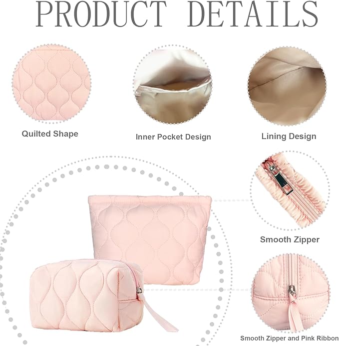 SERENEDWELLING2 PCS Quilted Makeup Bag Set Coquette Cosmetic Bag Toiletry Travel Organizer, Small Medium Large, Cute Portable Puffy for Women Girls, Pink