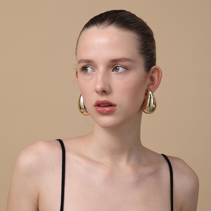 Apsvo Chunky 14K Gold Plated Hoop Earrings for Women, Lightweight Waterdrop Hollow Open Hoops, Hypoallergenic Dupes Earrings