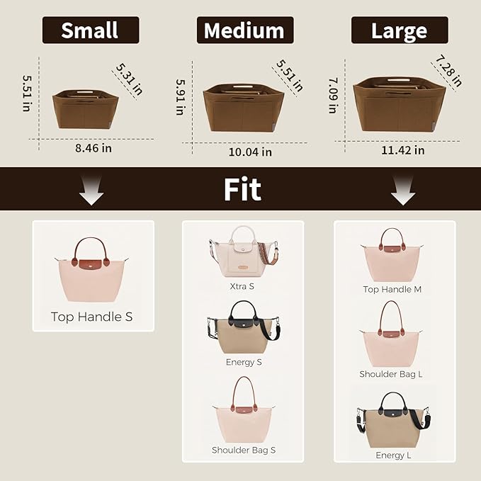 ZTUJO Purse Organizer Insert For Longchamp Le Pliage, Premium Felt Longchamp Purse Organizer Insert Small Medium Large, Tote Organizer Insert (Lighting Coffee, Small For Handle S)