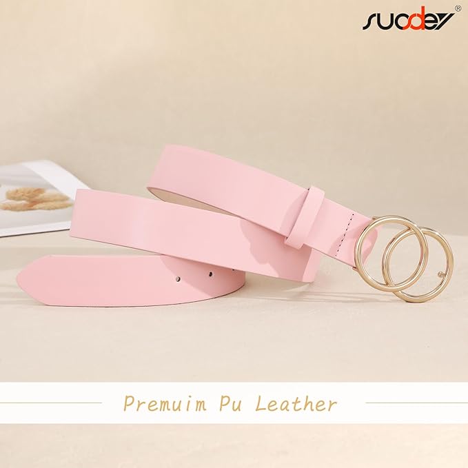 SUOSDEY Women Leather Belt Fashion Double O-Ring Soft Faux Leather Waist Belts For Jeans Dress