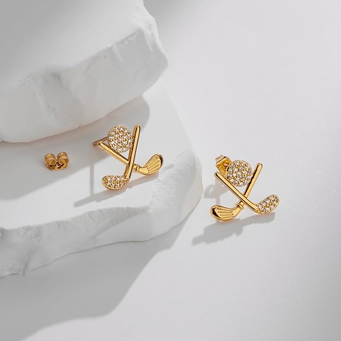 Golf Stud Earrings for Women Silver Gold Gifts Cubic Zirconia Flat Back Hypoallergenic Club Cute Dainty Player Fan Tournament Fashion Unique Accessory Small Birthday Novelty Sports Jewelry