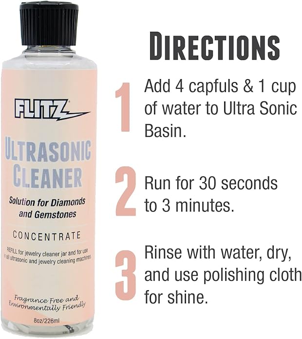 Flitz Ultrasonic Jewelry Cleaner Solution - 8oz Bottle of USA-Made Gold & Sterling Silver Cleaner Jewelry Tarnish Remover to Restore - Ultrasonic Cleaning Solution for Diamond Rings, Earrings & More