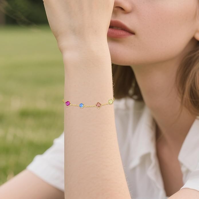 Birthstone Bracelet for Women, 925 Sterling Silver Plated 18k Gold Round/Square-Cut 5A Colored Cubic Zirconia Bracelet, Exquisite Jewelry Anniversary Birthday Gift for Wife Mother 7+2 "