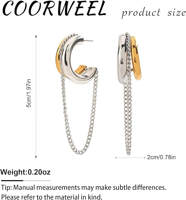 Tassel Chain Hoop Earrings for Women Trendy Two Tone Dangling Chain Earrings Hypoallergenic Fashion Jewelry Gifts