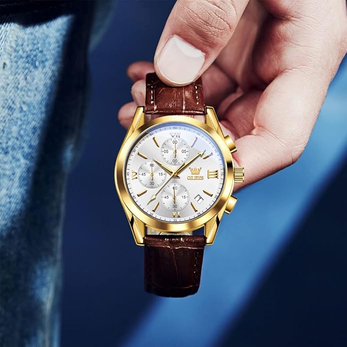 OLEVS Men's Casual Leather Watch, Big Face Chronograph Watch for Men, Fashion Easy to Read Dress Watch, Men's Waterproof Luminous Date Analog Watch, Gold/Black/White/Blue Dial
