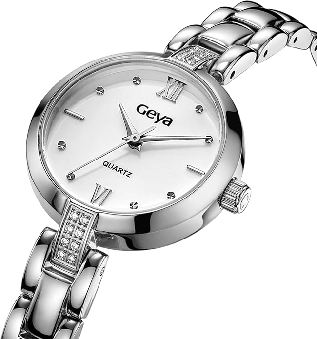 GeYa Silver Watch for Women Elegant Dressy Watch, Dainty Diamond Dial Stainless Steel Bracelet, Japanese Quartz Movement, 5ATM Water Resistant, Ideal for Petite Wrist, Gift Ready