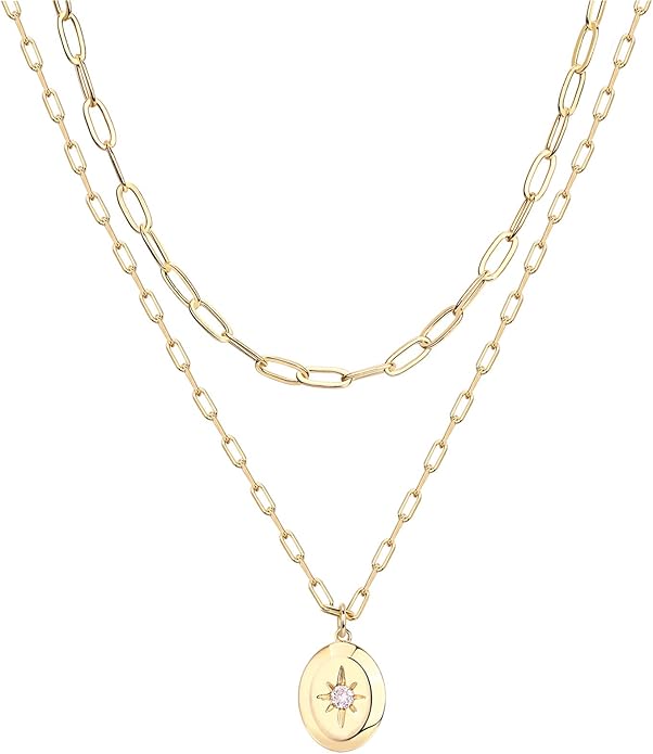 PAVOI 14K Gold Plated Layering Necklaces | Stylish Minimalist Design Pendant Necklaces | Bar, Circle, Lotus, Disc, Dog Tag, Horizontal Bar Pendants for Women
