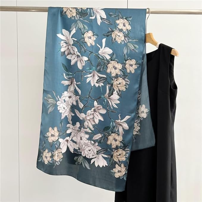 100% Mulberry Silk Scarfs for Women Floral Print Satin Long Scarf for Headscarf Hair Wraps Shawl with Gift Packed