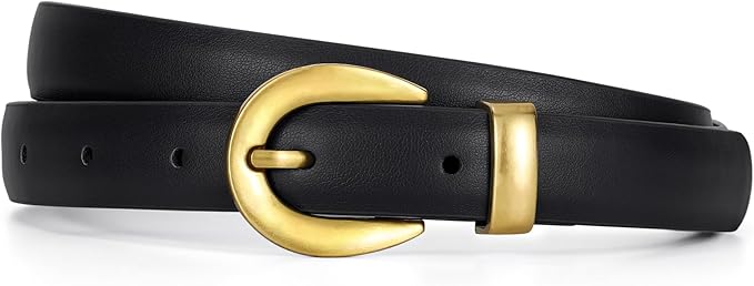 XZQTIVE Women Skinny Leather Belts for Jeans Dress Pants Fashion Ladies Thin Black Waist Belt with Gold Buckle