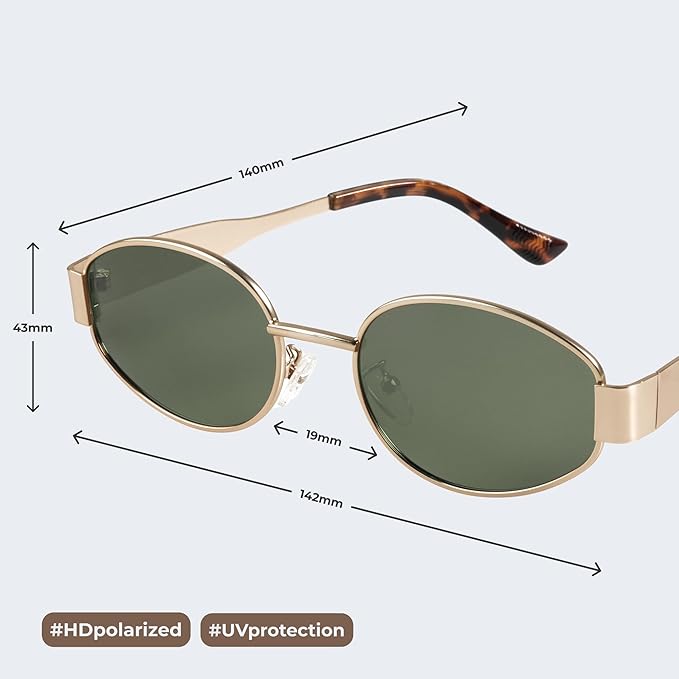 livho Retro Polarized Sunglasses - UV400 Protection, Oval Shape, Metal Frames - Matching Soft Case Inlcuded