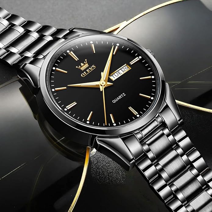 Men's Casual Stainless Steel Watch, Big Face Easy to Read Analog Quartz Watch with Day and Date, Classic Waterproof Diamond Roman Arabic Numerals Dial Dress Watch for Men, Gold Silver Black Band