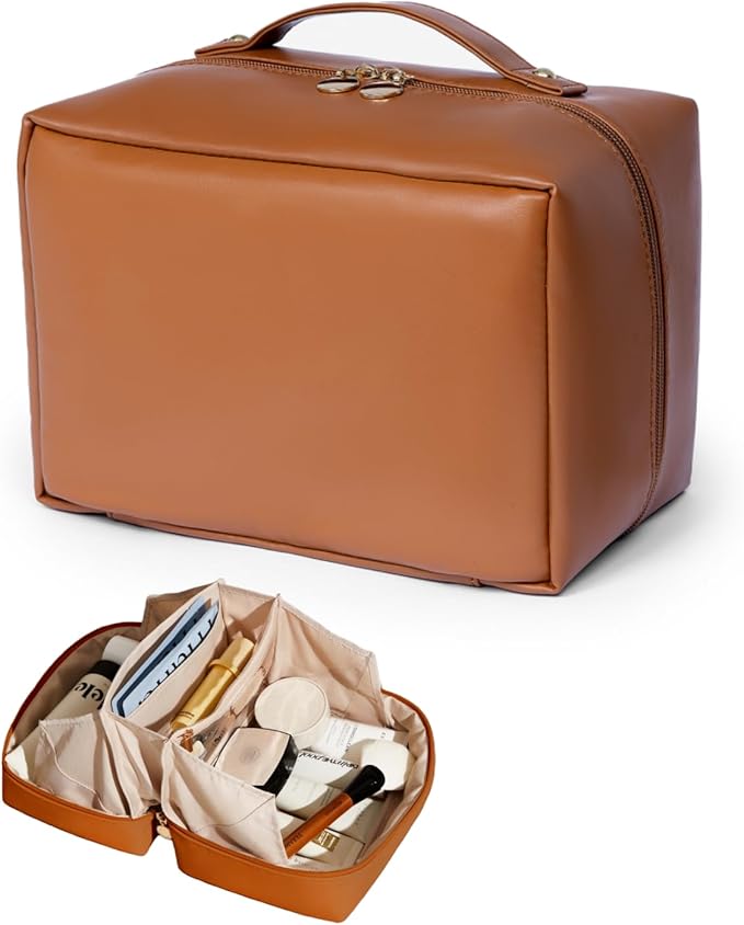 Travel Makeup Organizer Bag, Large Capacity Cosmetic Bags with Multiple Compartments, Open-Flat Toiletry Bag Portable Waterproof Pouch for Women Beauty Essentials (Brown)