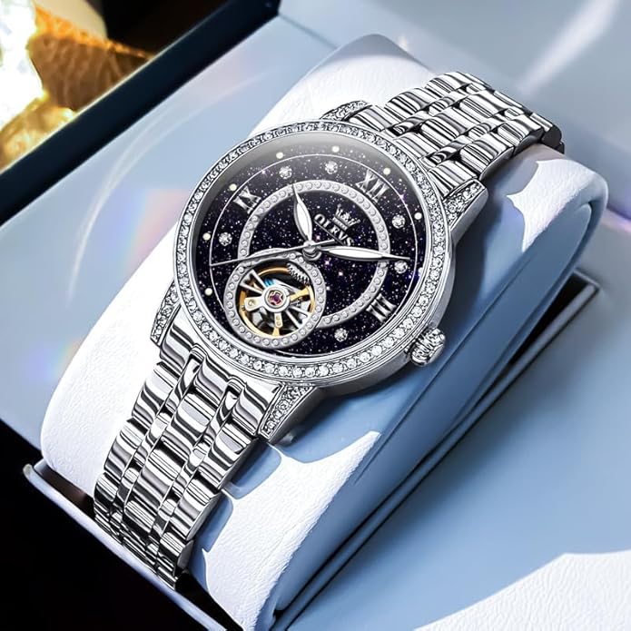 OLEVS Women’s Watch Automatic Diamond Tourbillon Luxury Fashion Stainless Steel Waterproof Luminous Wrist Watches for Ladies Gift Rose Gold/Starry Sky Blue/Silver