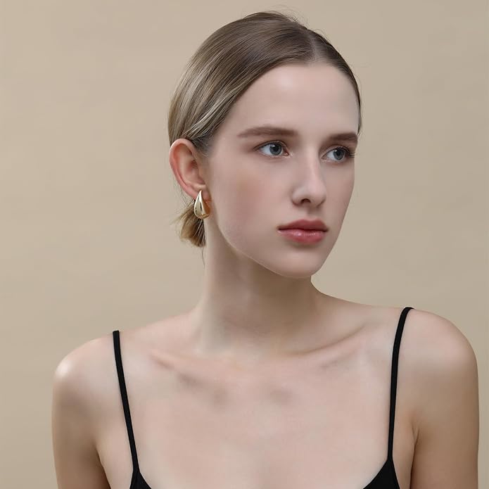 Apsvo Chunky 14K Gold Plated Hoop Earrings for Women, Lightweight Waterdrop Hollow Open Hoops, Hypoallergenic Dupes Earrings