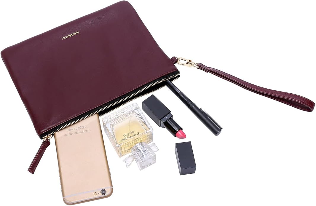 DORIS&JACKY Lambskin Leather Wristlet Clutch Purse for Women Soft Designer Slim Cell Phone Pouch Bag with Detachable Strap