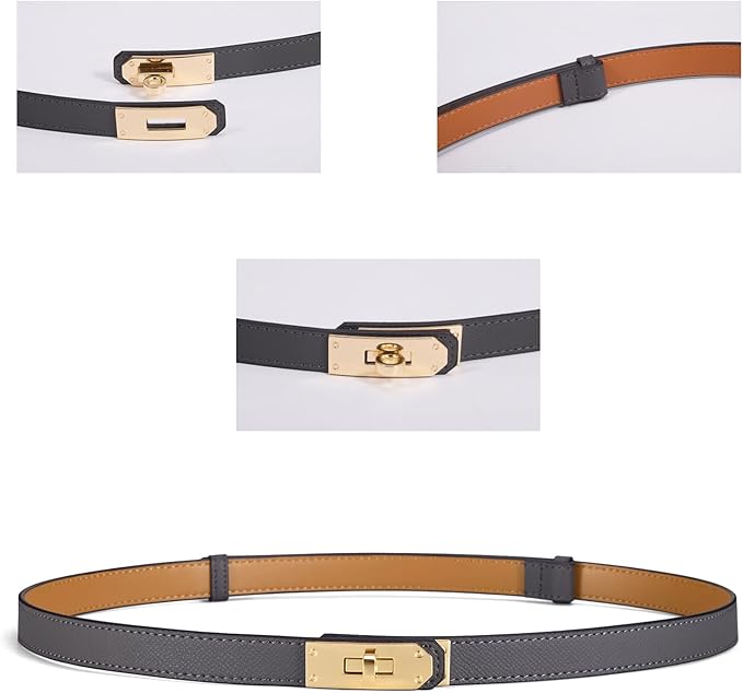 Skinny Leather Belts for Women with Adjustable Silver Turn-Lock Buckle for Dresses Jeans and Pants