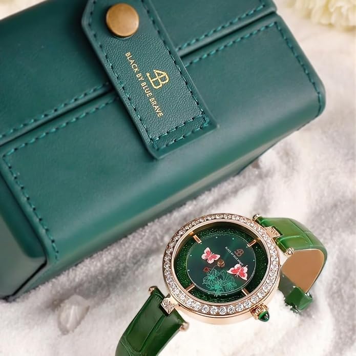 Women's Watch Butterfly Watches for Women Moving Butterflys Hands with Genuine Leather Strap Bee Watches for Women BLACK BY BLUE BRAVE Butterfly Lovers, Sapphire Crystal Glass combining Cubic Zirconia Stones and 3.5mm Synthetic Crystal Women's Wrist Watch