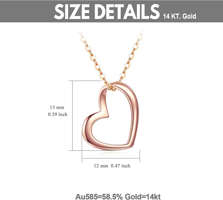 Solid 14k Gold Heart Necklace for Women, Fine Gold Love Jewelry Gifts for Wife/Mother/Girlfriend, Birthday Pesent for Her, 16+2 Inch
