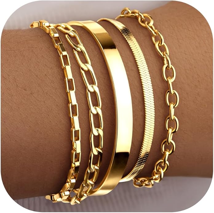 Dainty Thin Gold Bracelet for Women Stack, 14K Gold Plated Bracelet Stackable Set with Bangle Cuff, Box, Herringbone, Paperclip, Figaro, Sparkling Link Chains, Simple Waterproof Non Tarnish Minimalist Gifts for Women Trendy