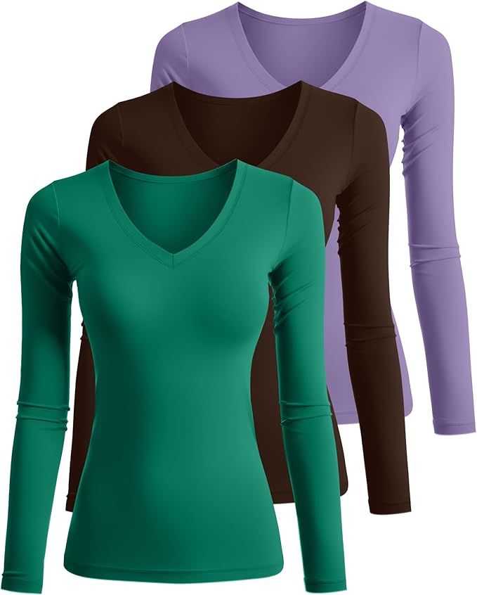 Ficerd 3 Pack Women's Long Sleeve Shirts, V Neck Basic Tees Slim Fitted Casual Fall Tops Going Out Blouses T Shirts