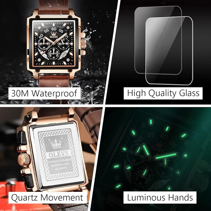OLEVS Men's Casual Leather Watch, Big Face Chronograph Watch for Men, Fashion Easy to Read Dress Watch, Men's Waterproof Luminous Date Analog Watch, Gold/Black/White/Blue Dial