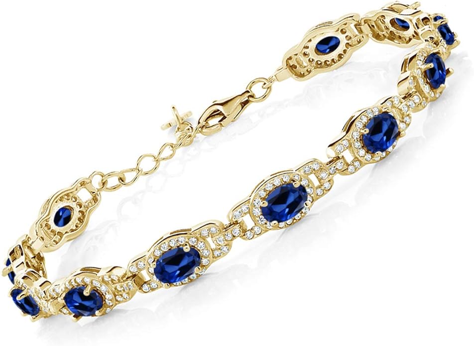 Gem Stone King 18K Yellow Gold Plated Silver Oval Gemstone Birthstone Tennis Bracelet For Women | Oval 6X4MM | 7 Inch With 1 Inch Extender | Fine Jewelry Gifts for Her Mom Women Wife