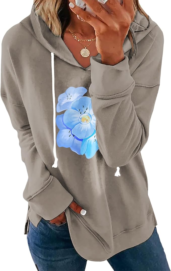 Women's Brown Mandala Print Hoodie Long Sleeve Loose Fit Tunic Top with Drawstring Side Split for Fall Winter