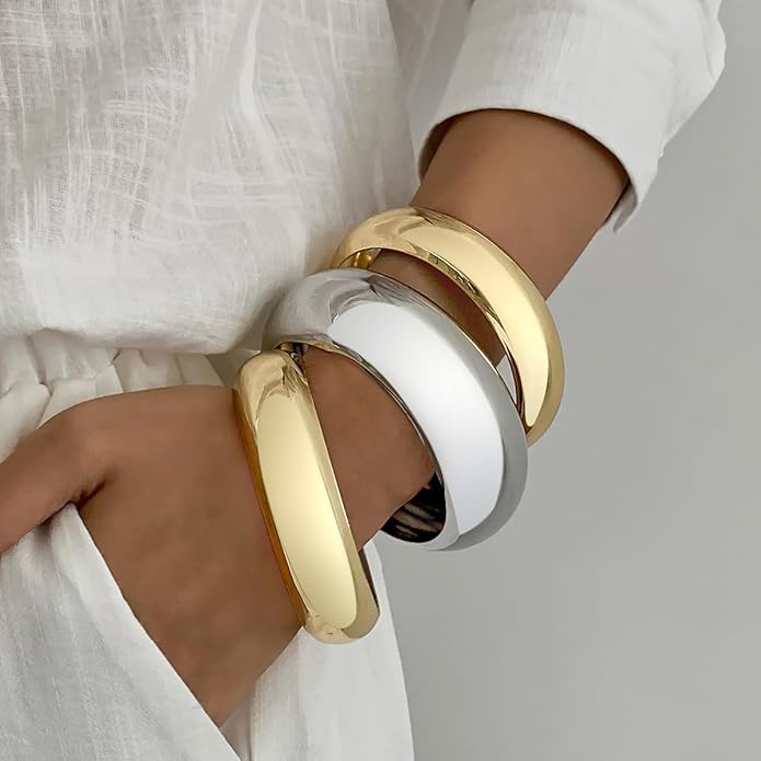 Chunky Gold Bangles Bracelets for Women Trendy Silver Stack Bracelet Minimalist Wide Bangle Jewelry