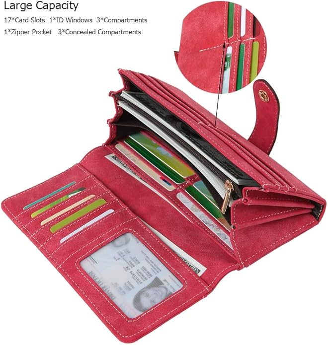 Women's Vegan Leather 17 Card Slots Card Holder Long Big Bifold Wallet