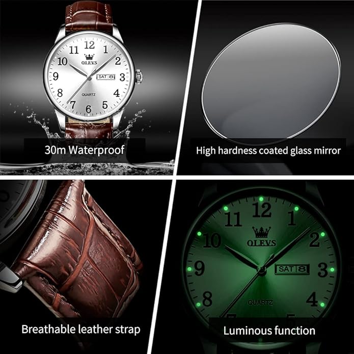 OLEVS Mens Watches, Casual Leather Watches for Men Easy to Read Quartz Number Watch with Date Waterproof Blue/Black/Silver Face Men's Wrist Watches…