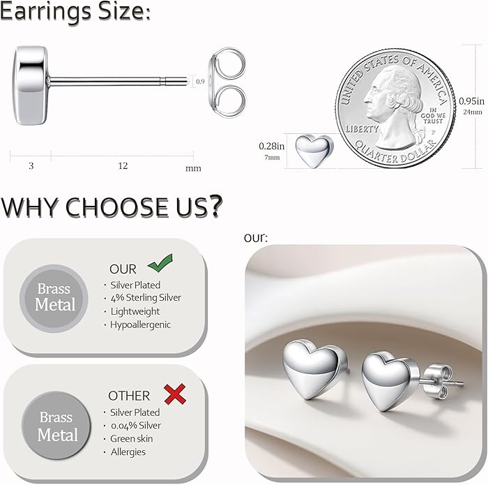 Zeffy Hypoallergenic 925 Sterling Silver/14K Gold Plated Stud Earrings, Dainty Simple Heart Earrings for Women Girls