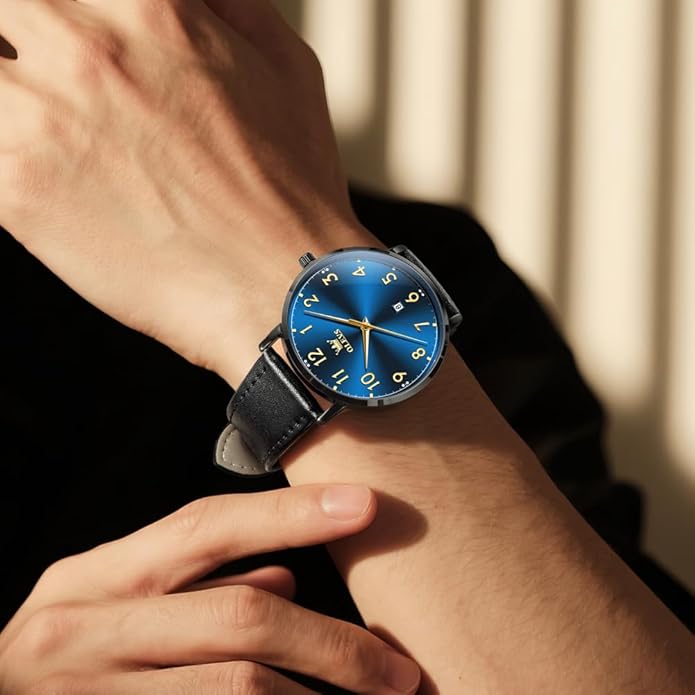 OLEVS Mens Watches, Casual Leather Watches for Men Easy to Read Quartz Number Watch with Date Waterproof Blue/Black/Silver Face Men's Wrist Watches…