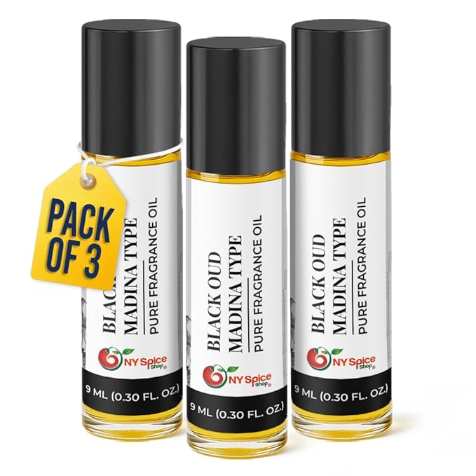 NY Spice Shop Black Oud Madina Musk Fragrance – Pack of 3 Musk and Oud Blend – Madina Fragrance Oil with Warm Deep Musky Long Lasting Aroma – Traditional Arabic Perfume for Personal Scent Collection