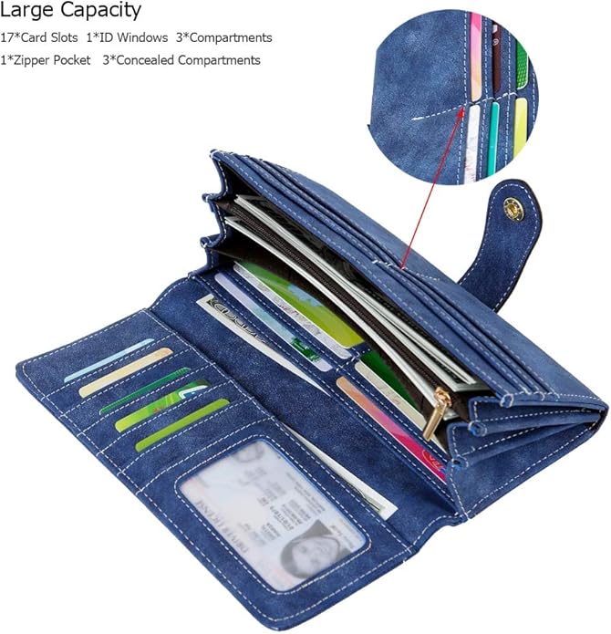 Women's Vegan Leather 17 Card Slots Card Holder Long Big Bifold Wallet
