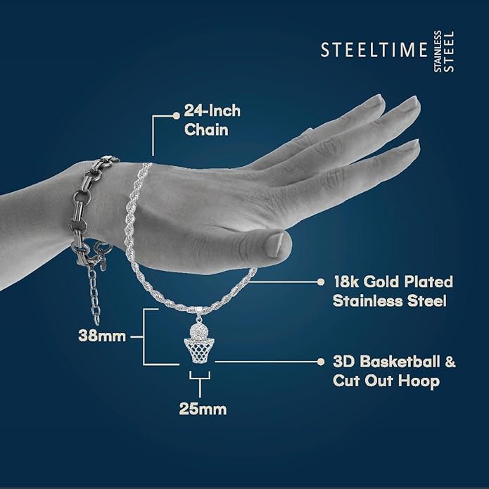 Basketball Necklace - 18K Plated Basketball Chain with Hoop for Men, Women, Teens - Gold, Silver & Black Color Options - Stainless Steel Sports Pendant with Simulated Diamond CZ Stones