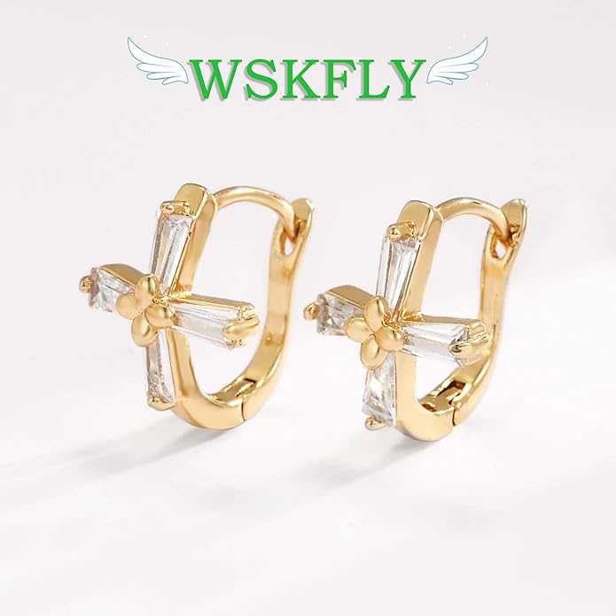14K Gold Plated Cubic Zirconia Hoop Earrings,Three Row Diamon | Arrows | Double Row of Diamonds Huggie Earrings for Women