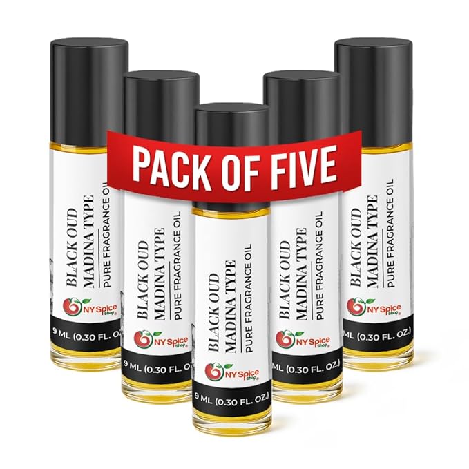 NY Spice Shop Black Oud Madina Musk Fragrance – Pack of 5 Musk and Oud Blend – Madina Fragrance Oil with Warm Deep Musky Long Lasting Aroma – Traditional Arabic Perfume for Personal Scent Collection