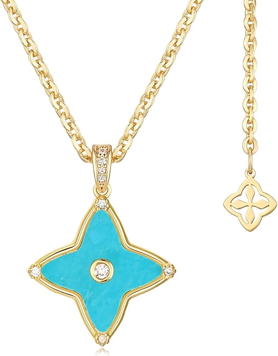 MYEARS Women Clover Necklace Pendant Lapis Lazuli/Mother of Pearl/Turquoise/Yellow Tiger's Eye Cubic Zirconia 14K Gold Simple Dainty Chain Everyday Trendy Lucky Jewelry