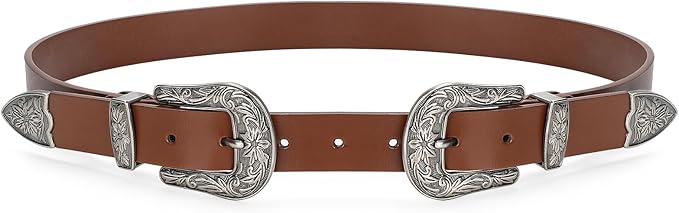 JASGOOD Double Buckle Western Belts For Woman Cowgirl Country Belt Vintage Black Leather Belt For Jeans Pants Dresses